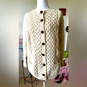 Bonner of Ireland Cream Hand Knit 100% Pure New Wool Cable Knit Chunky Cardigan